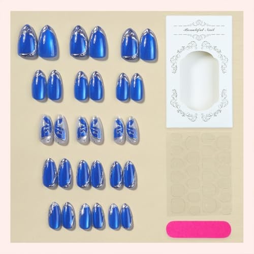 Royal Blue Cat Eyes Nails – Short Almond Fake Nails – Nails-221