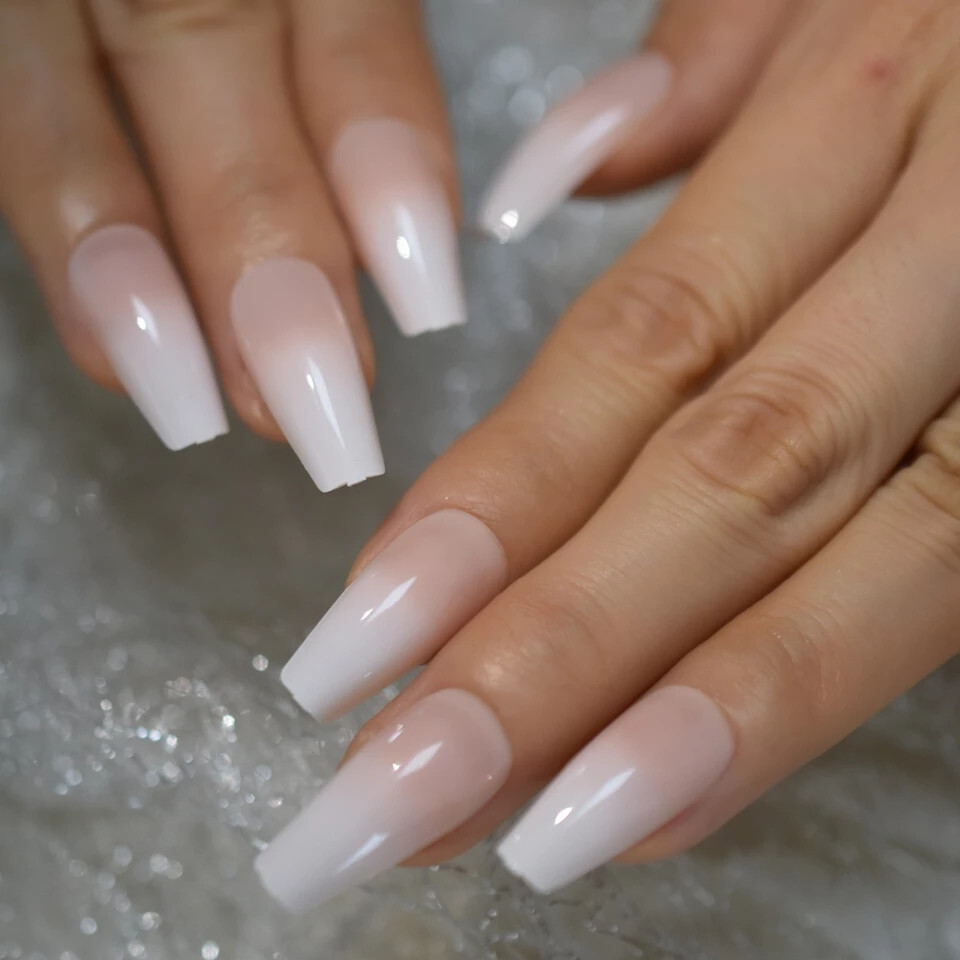 24 Press on nails kit w glue Long Coffin French tip ombre white nude