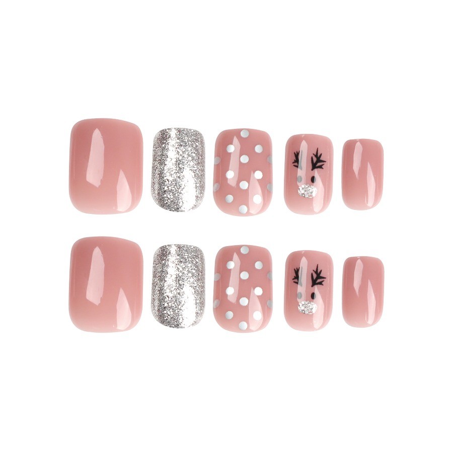 48pcs-Holiday Reindeer Press on Nail, Short Square Nude Pink with Silver Accents