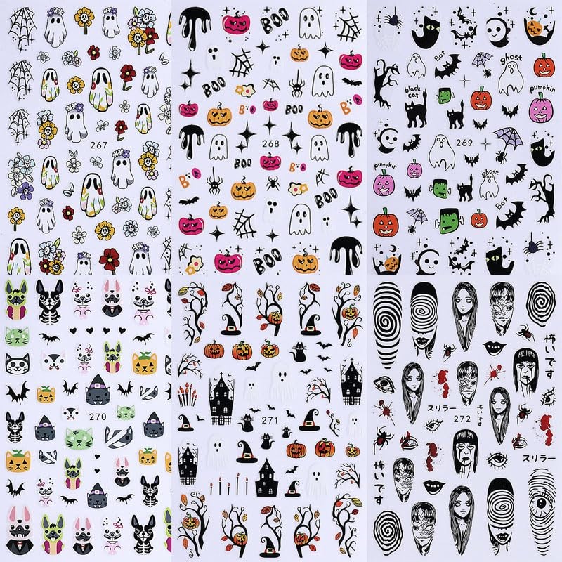 10Sheets Halloween Cute Cartoon Nails Art Stickers Ghost Mushroom Skull Pumpk…
