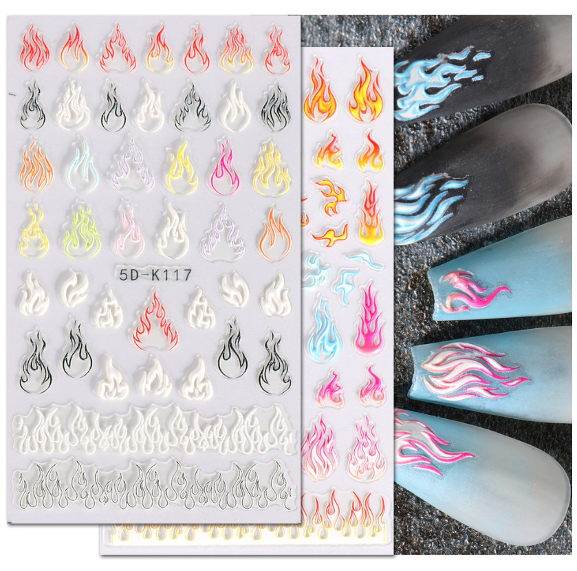 5D Engraved Fire Flame Nail Stickers Decal DIY Decoration French Manicure NH8