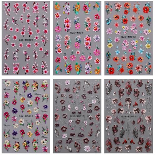 6 Sheets Flower Nail Art Stickers Decals Self-Adhesive Spring Summer Floral