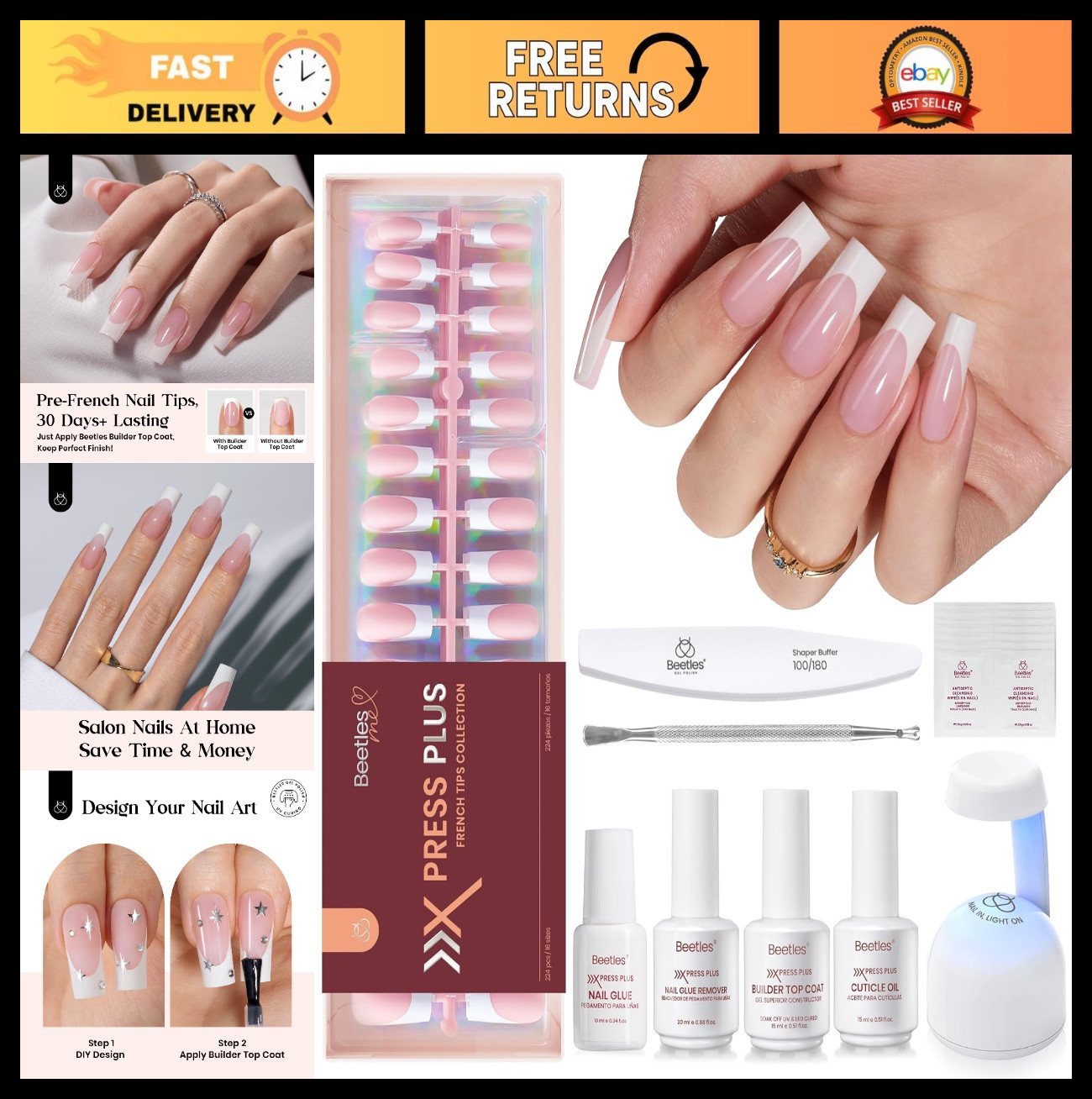 Long Square French Tip Press On Nail Kit – 224 Pcs, 16 Sizes, Glue & Lamp Includ