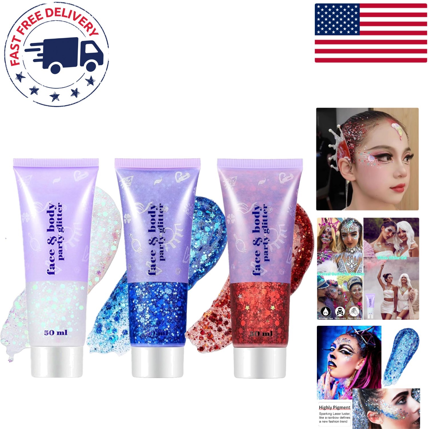 Vibrant Red White & Blue Body Glitter Set – Perfect for 4th of July Festivities