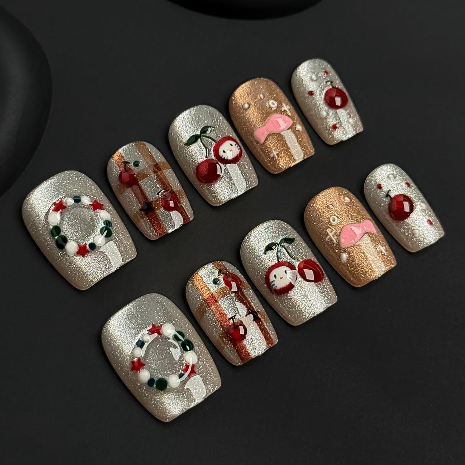 30Pcs Short Press on Nails Cute Christmas Fake Nails Glitter Design Square Ac…