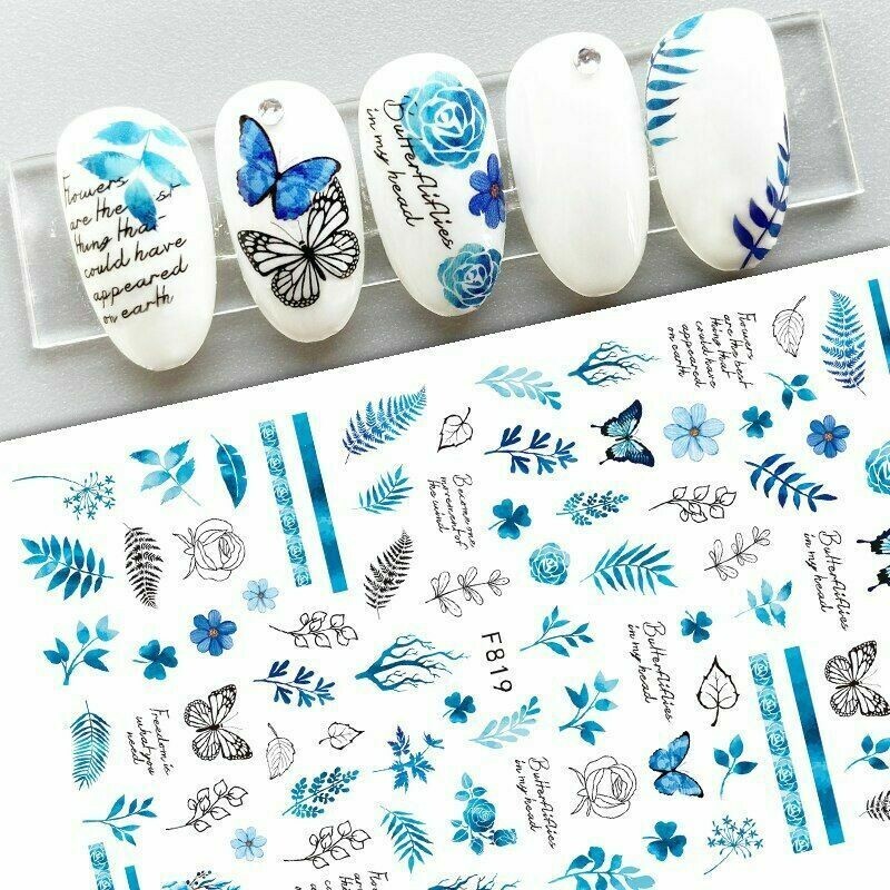 Nail Art Sticker Decal Blue Butterflies Floral Flower Leaves F819 NH21