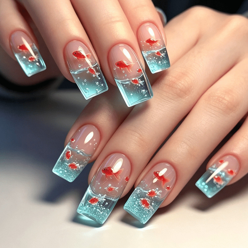 48Pcs Gradient Goldfish Coffin Press on Nails, Dreamy Creative Summer Fake Nails