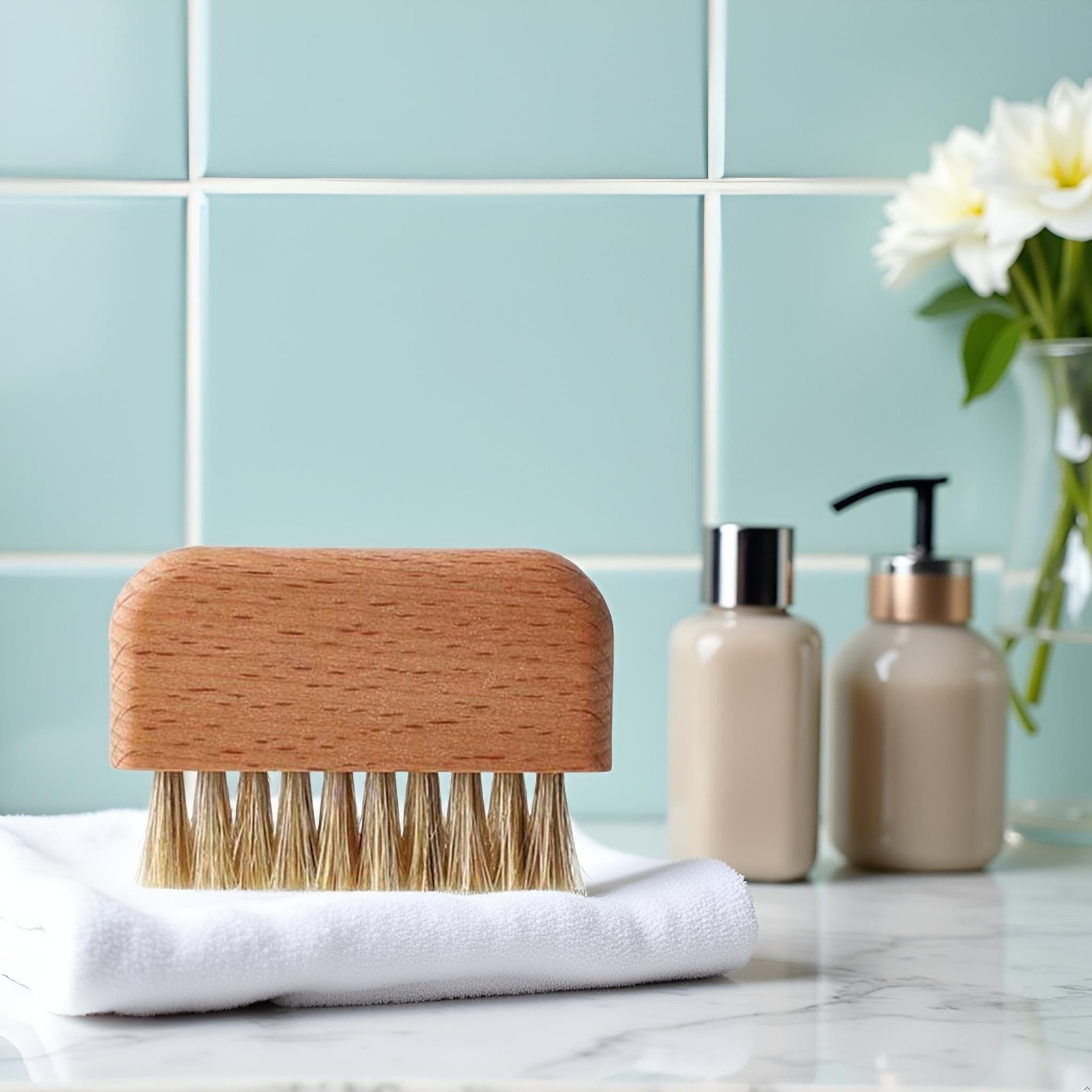 Brown Wooden Nail Brush, Natural Beech Wood Bristle Nail Brush Non-Slip Finge…