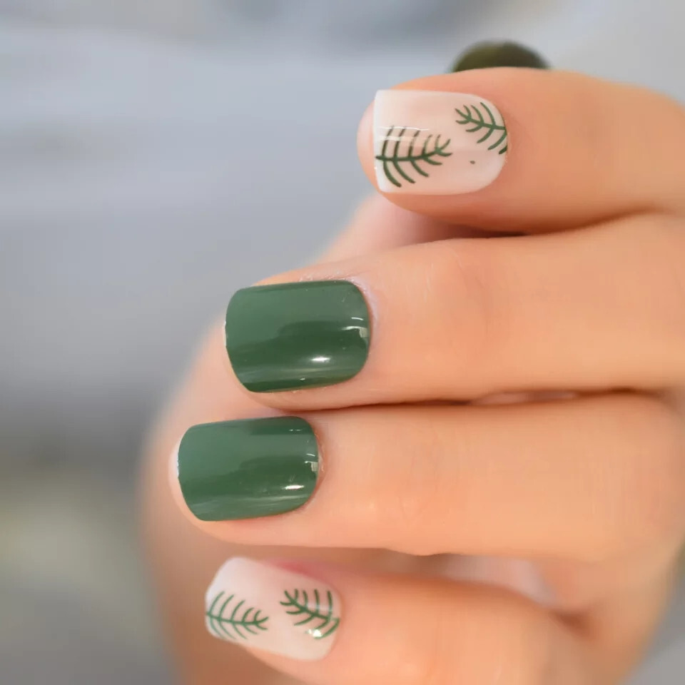 24 Short press on nails kit w glue green fern nude dark