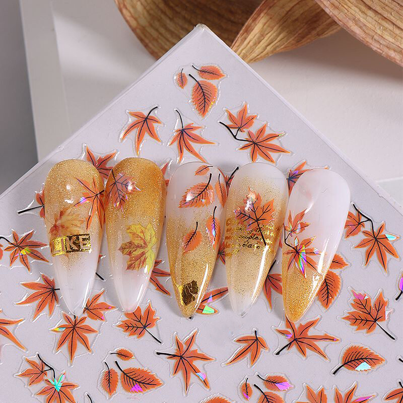Laser Autumn Leaf Nail Sticker Maple Fall Leaf Self Adhesive Nail Decal
