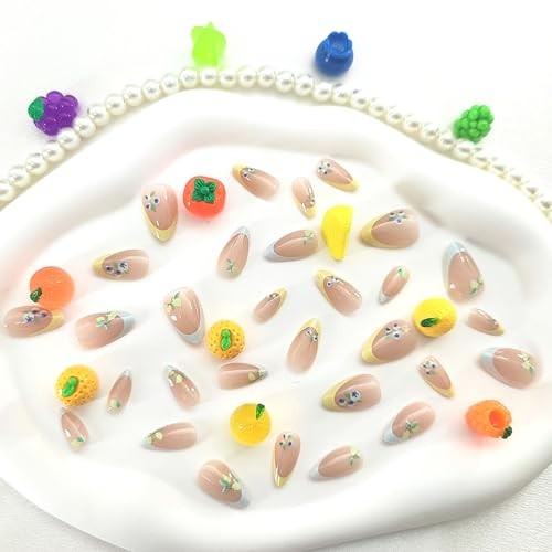 Almond Press on Nails – Short Fake Nails – Yellow Light Blue – French Tip Fruits