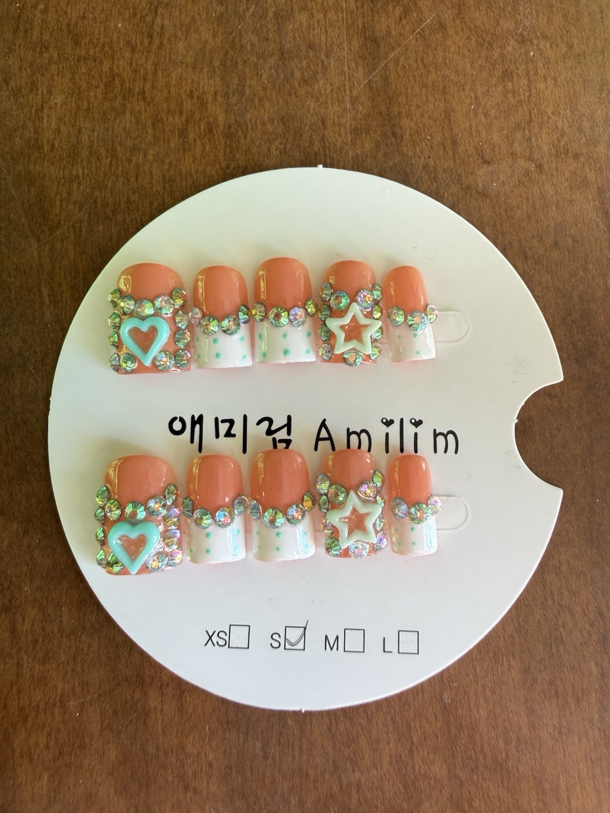 Amilim Press-On Nails Short Square Peach White Green 3D Heart Star Pre-Designed