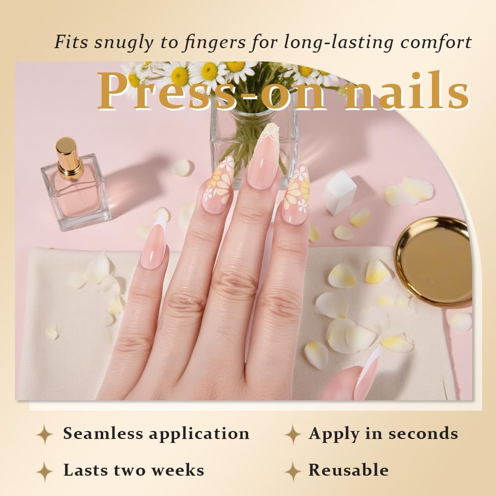evpct Nude Yellow Flower Short Almond Press On Nails