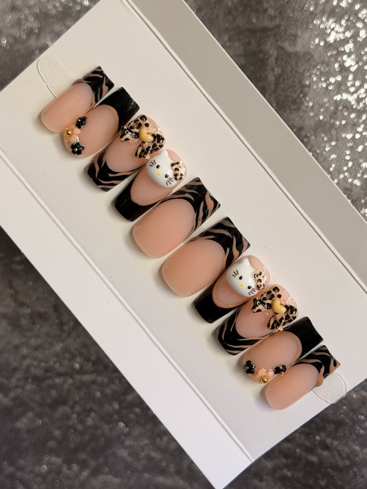 ✨ CUSTOM Press On Nails FRENCH BLACK HELLO KITTY BLING Flower 10p SET W Kit