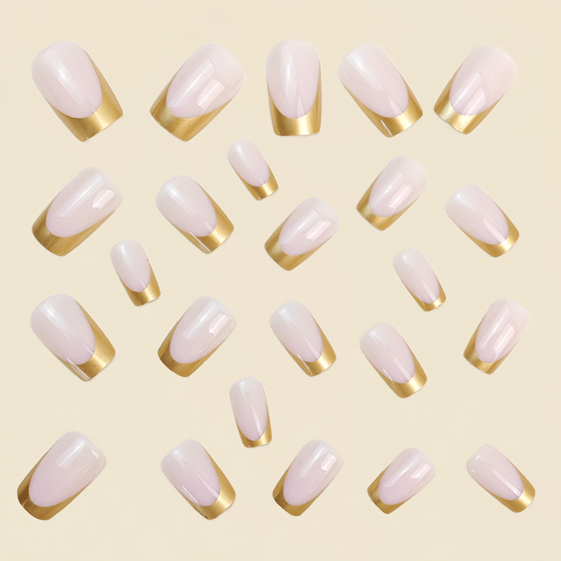 48pcs Short Square Handmade Press‑On Nails, Milky White Thin Gold French Tip