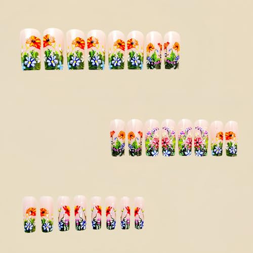 24 Pcs Flower Press on Nails Medium Fake Nails Square Shape False Style-A12