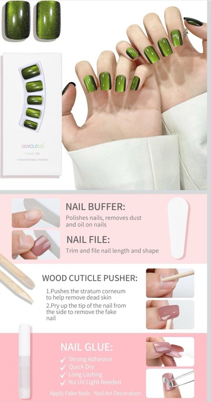 SKYCLOUD Green Cat Eye Gel Press On Nails Full Cover Tips Reusable SemiCured DIY