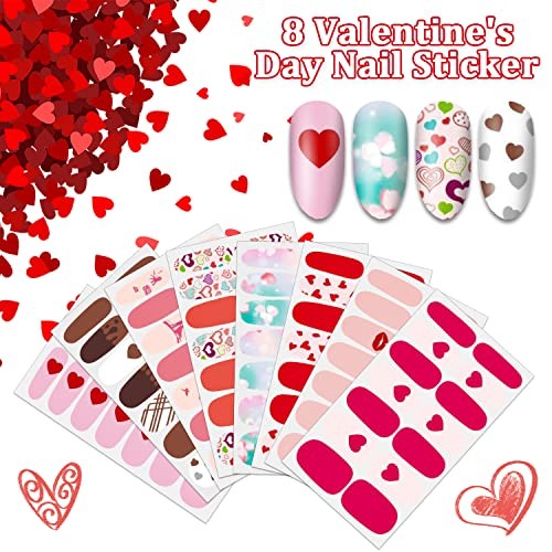 8 Sheets Valentine’s Day Nail Wraps for Women Nail Polish Strips Self Heart