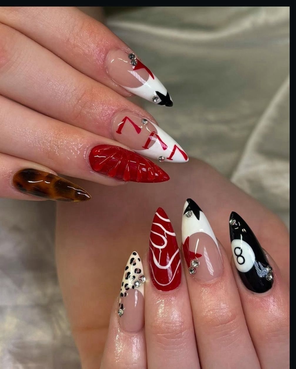 Long Stiletto Press-On Nails Set, Multicolor 3D, 8 Ball & Animal Motif