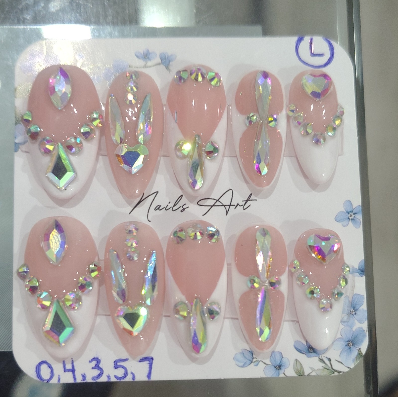 3D Rhinestone Press-On Nails Pink White Long Almond Full Cover Size Large
