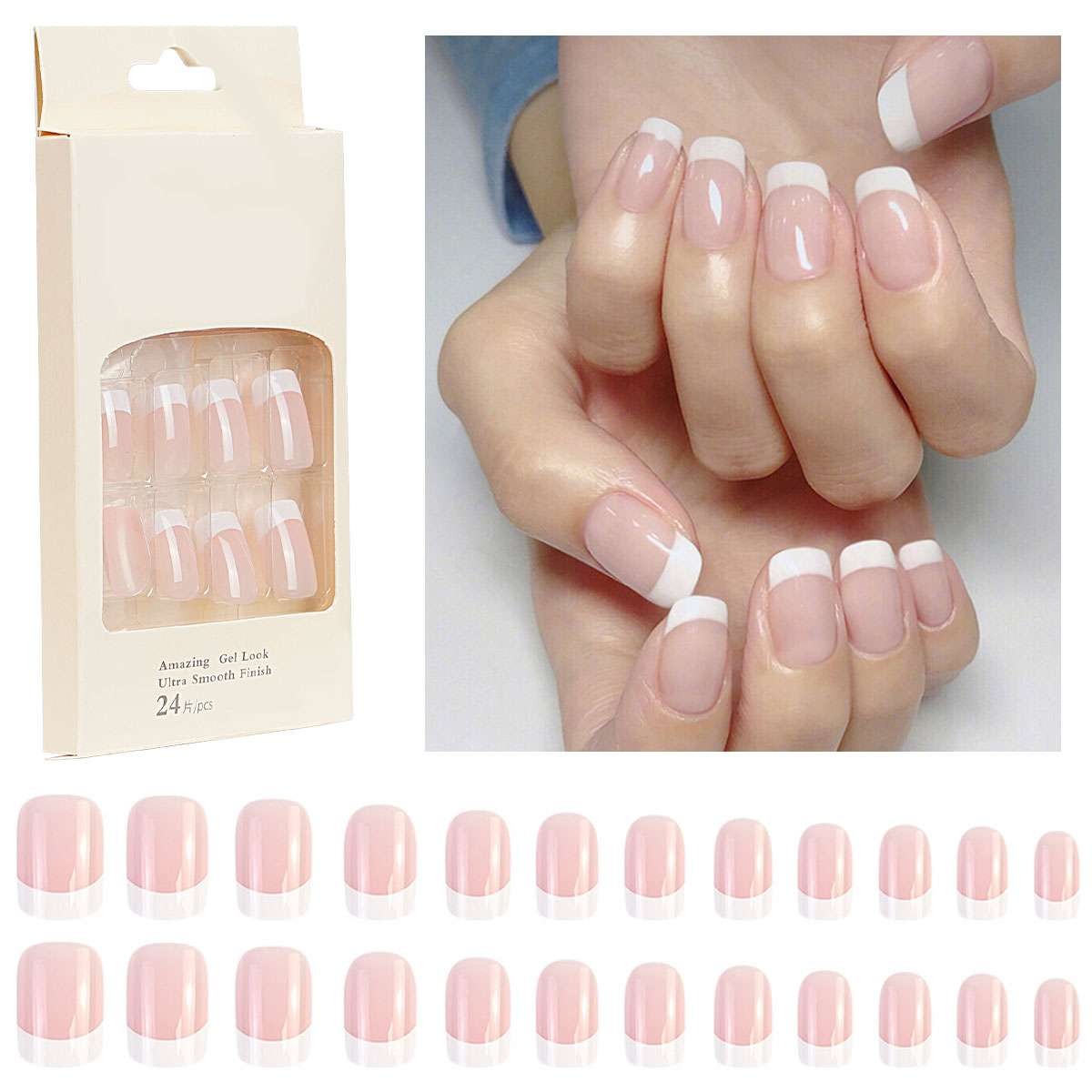 24pcs Short Square White French Style Fake Nail False Nails Press On Nails Glue