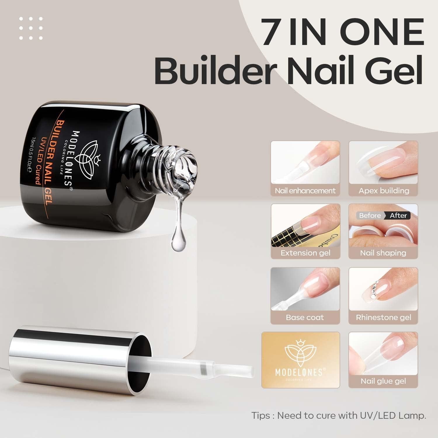 modelones Builder Nail Gel, 7-in-One Clear 0.5 Fl Oz (Pack of 1), A1-Clear