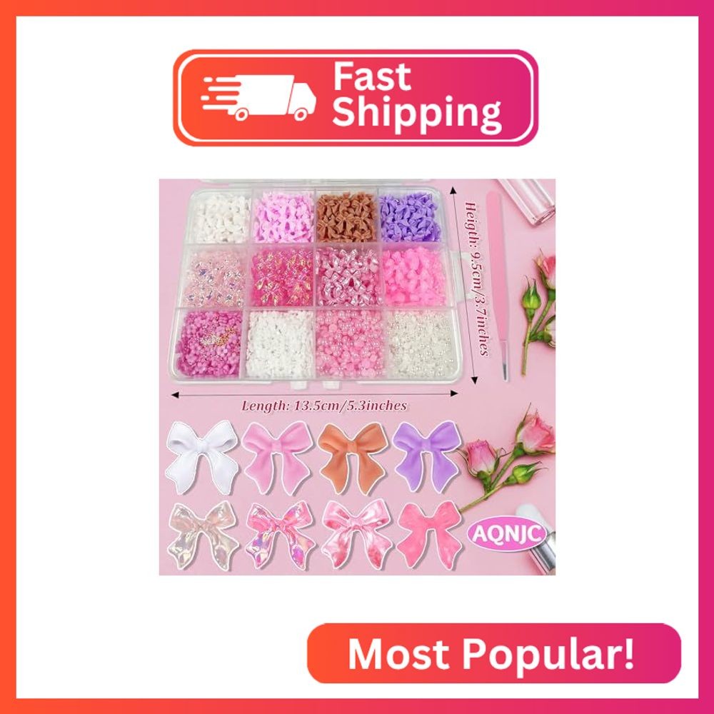 1000 PCS 3D Nail Charms Bulk 8 Colors Bow Nail Charms Y2K Flower Rose Heart Star