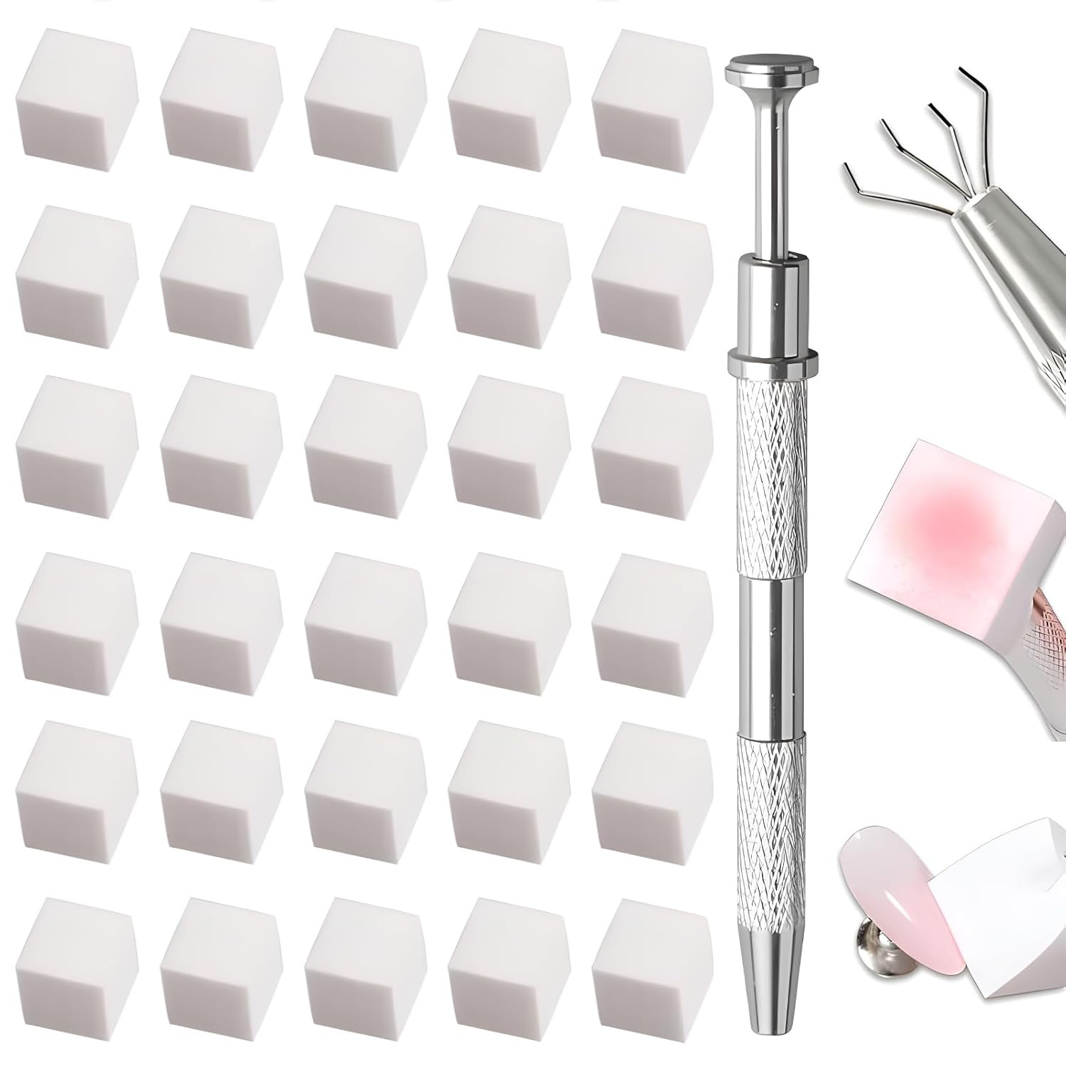 100 Pcs White Soft Nail Sponges for Ombre, 4 Claws Nail Sponge Metal Grabber,Omb