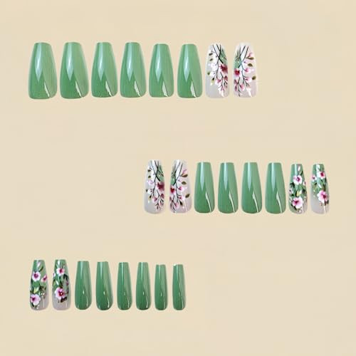 Flower Press-on Nails, 24 Pcs, Green, Floral Modern, Coffin Flower Style3