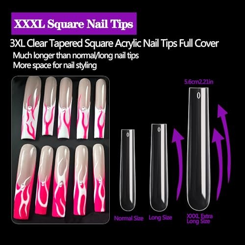 3XL Square Nail Tips, 240PCS Clear Full Cover 240 No c curve Full Cover Square