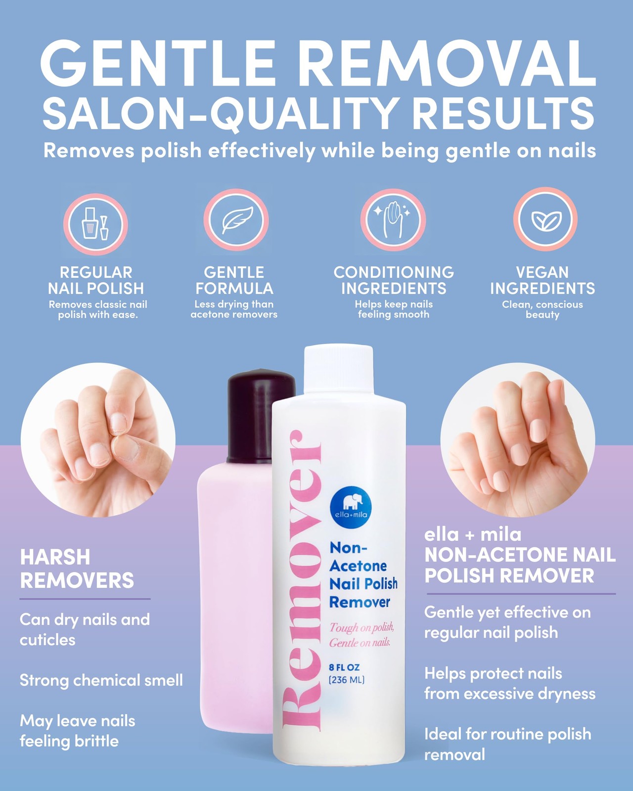 ella+mila Non-Acetone Nail Polish Remover – Gentle, 8 Fl Oz (Pack of 1)