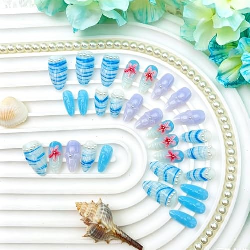 30Pcs Blue Summer Press on Nails Short Almond Fake Nails ocean fake nails-2