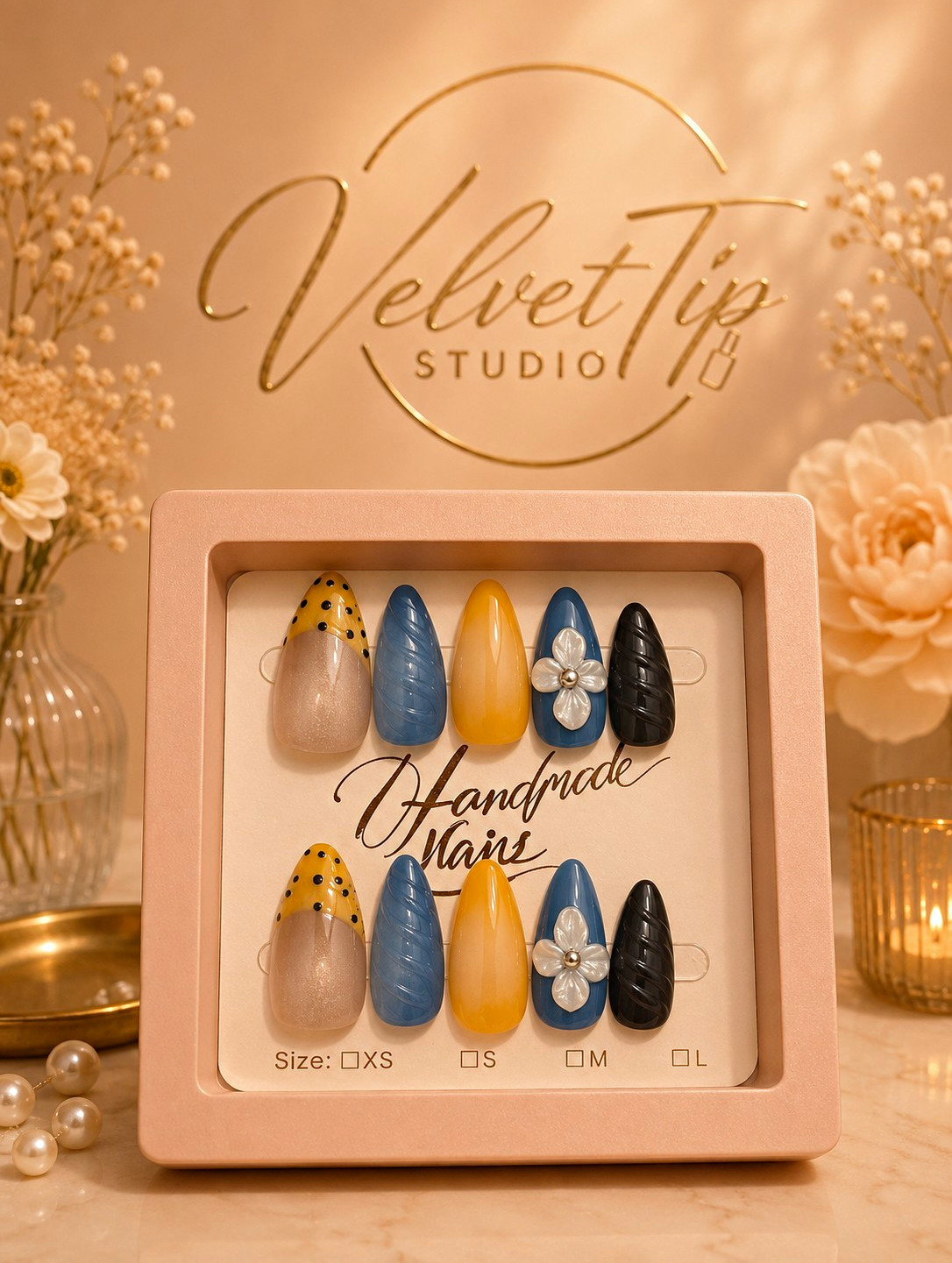 VelvetTip Studio Blue/Yellow/Black/Beige 3D Floral Almond Press-On Nails Size M