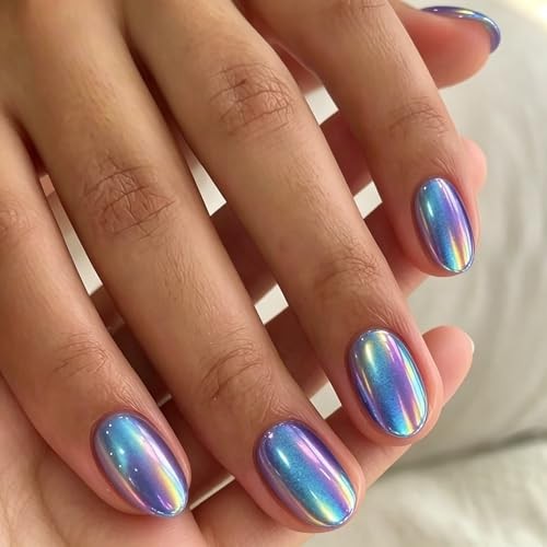 Almond Soft Gel Press on Nails – 32 Pcs – 16 Sizes – Chrome Cat Eye – Royal Blue