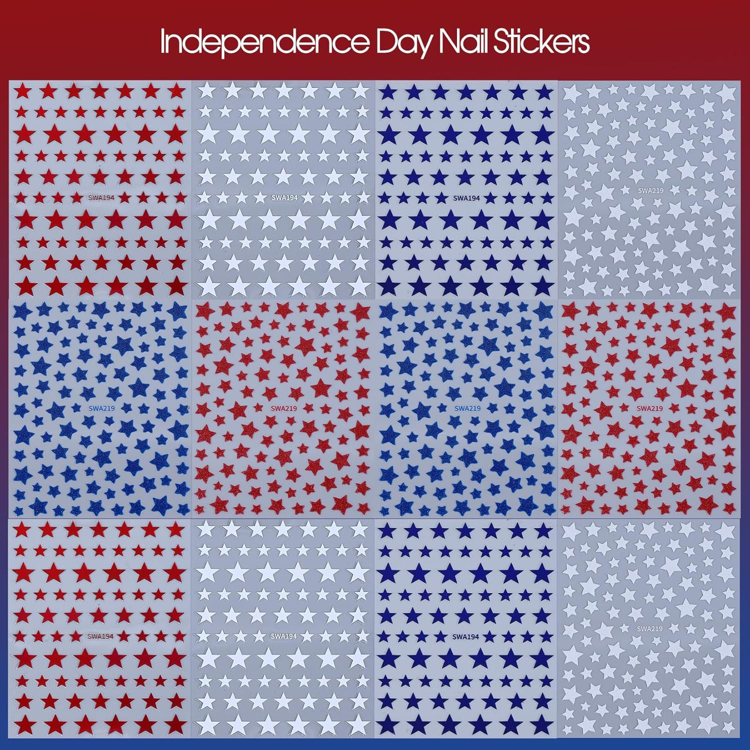 Independence Day Star Nail Art Stickers 12PCS Red White Blue Self Adhesive Nail