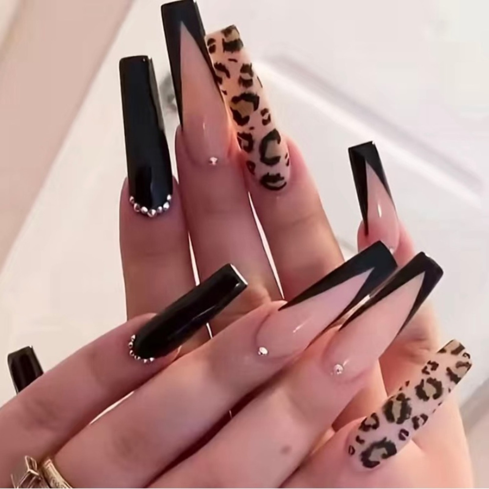 Black Pink Leopard Press On Nails 25 pc Long Coffin Rhinestone False Kit w/Glue