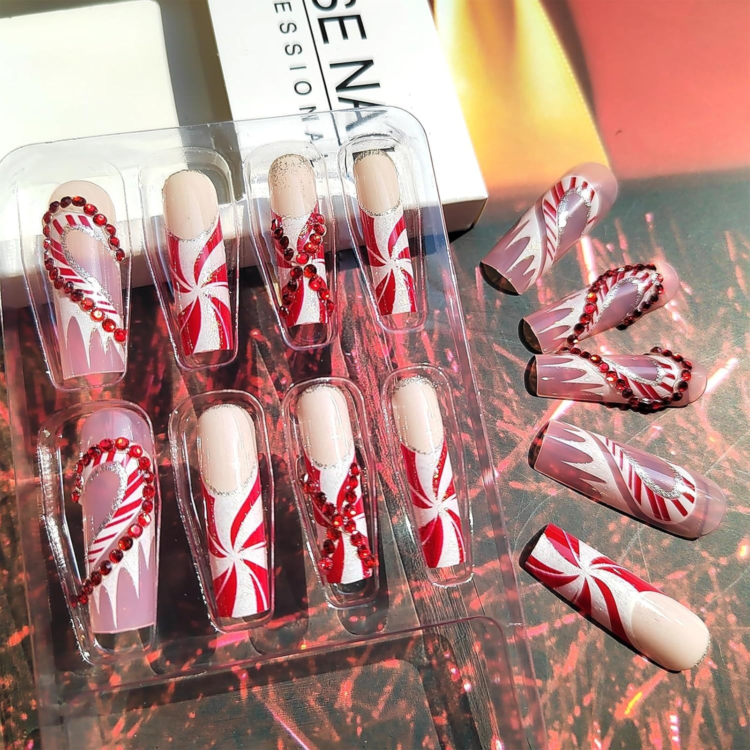 Christmas Bling French Tip Press on Nails Long Square Fake Nails with Candy C…