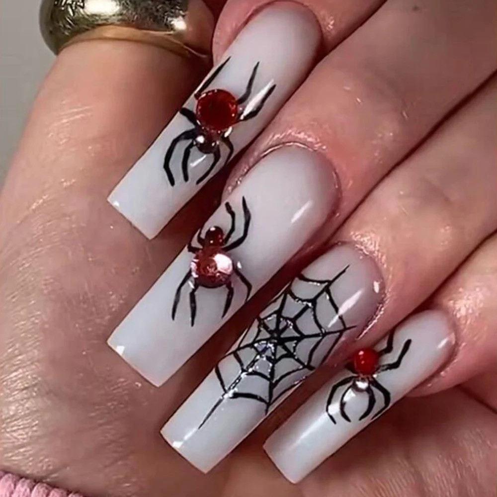 24pcs Halloween Spider Fake Nails French Coffin Full Cover Artificial Nail Tips