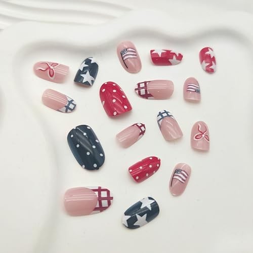 4th of July Press on Nails Short ALmond Checkered Bow Star Polka Dots Designs