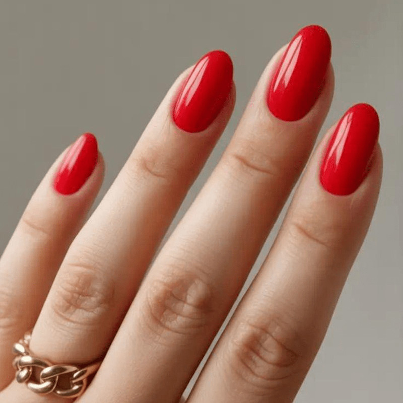 48pcs Almond Press on Nails, Bright Red Glossy Solid Nails for Party & Daily