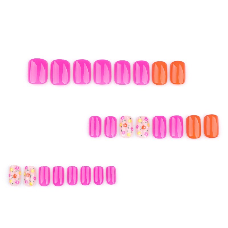 48pcs-Summer Floral Press on Nails, Short Round Glossy Pink Orange Fake Nails