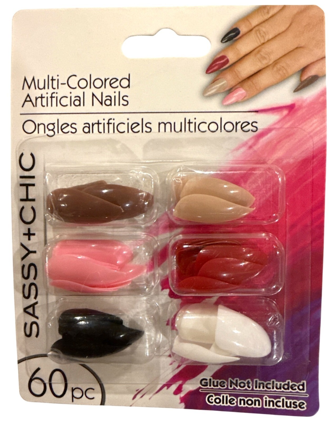 SASSY+CHIC 60 Multi Colored Nails Long Almond GLOSSY Pink+Brown+Red+Black+White
