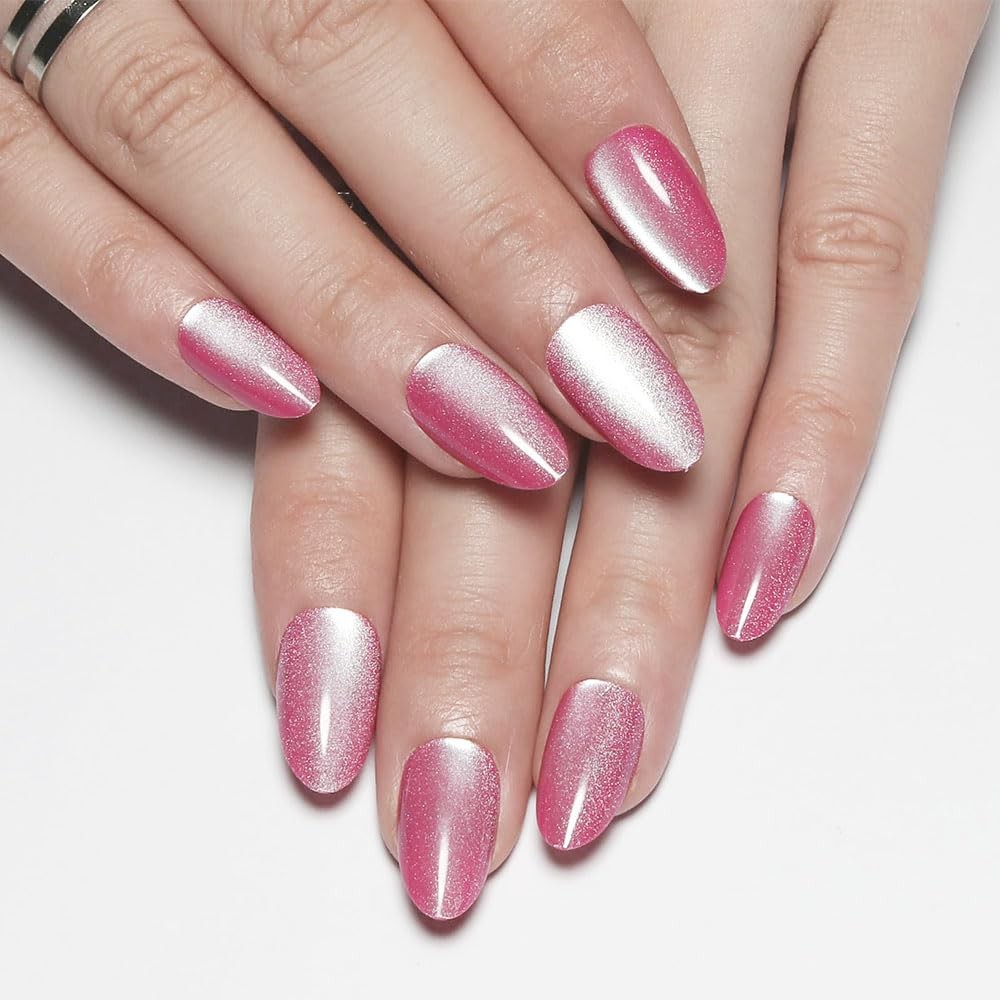 Rose Red Cat Eye Real Short Press on Nails Almond, Petite Short Almond Stick …