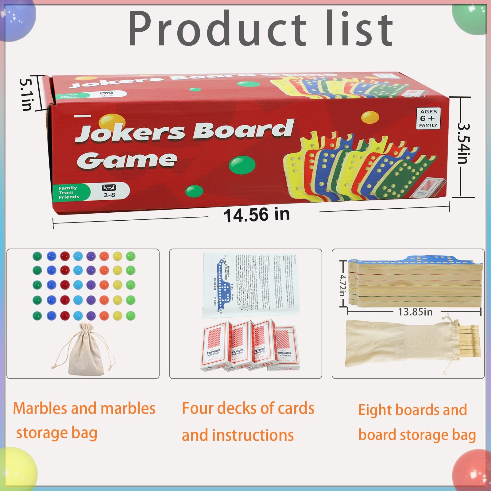 Medikaison Colorful Jokers and Marbles Board Game 15x5x4 inches, 4 Colors