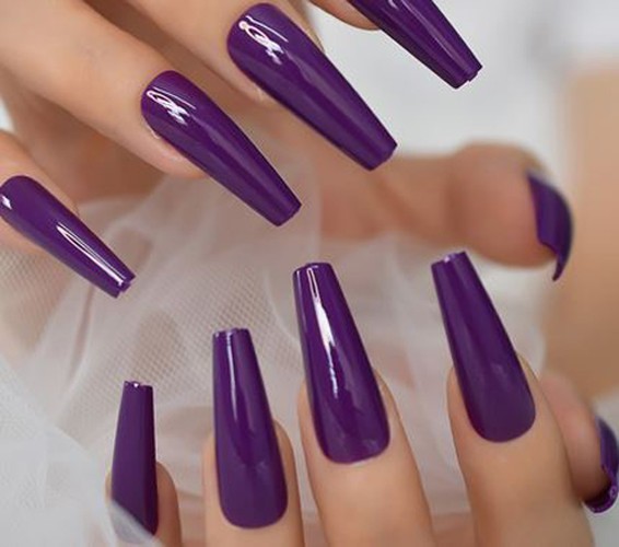 Shiny Deep Purple Long Coffin Shaped Press on Nails