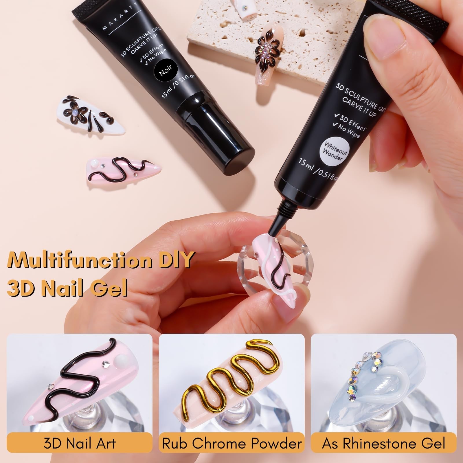 3D Gel Nail Art Set – White & Black Sculpting Molding Gel, No Wipe Embossed Poli