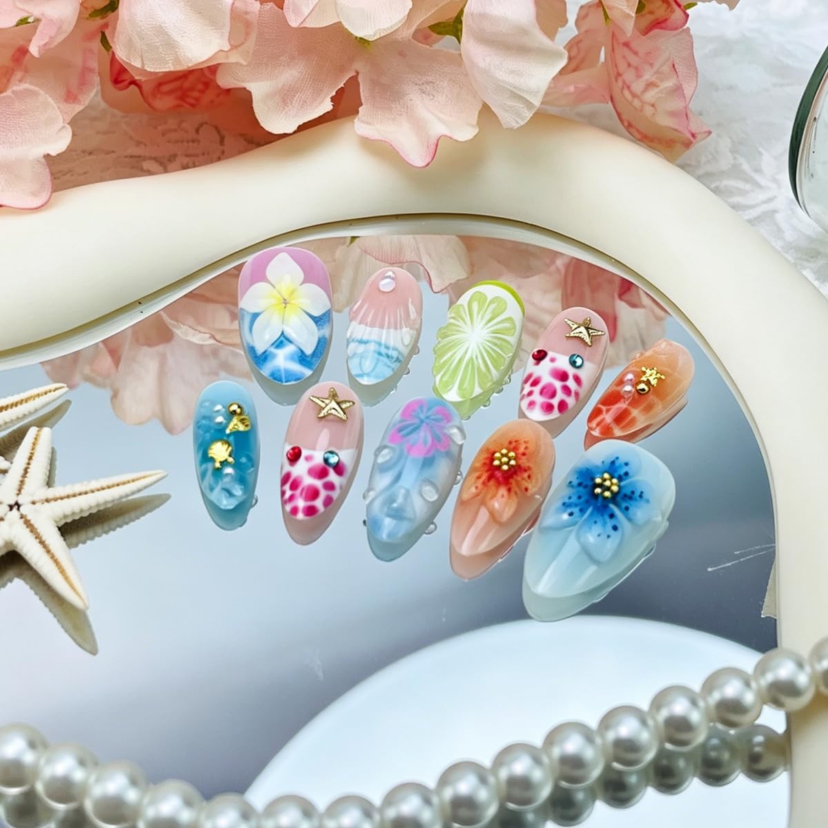 30Pcs Summer Ocean Press on Nails 3D Relief Starfish Shell Flower Design Fake…