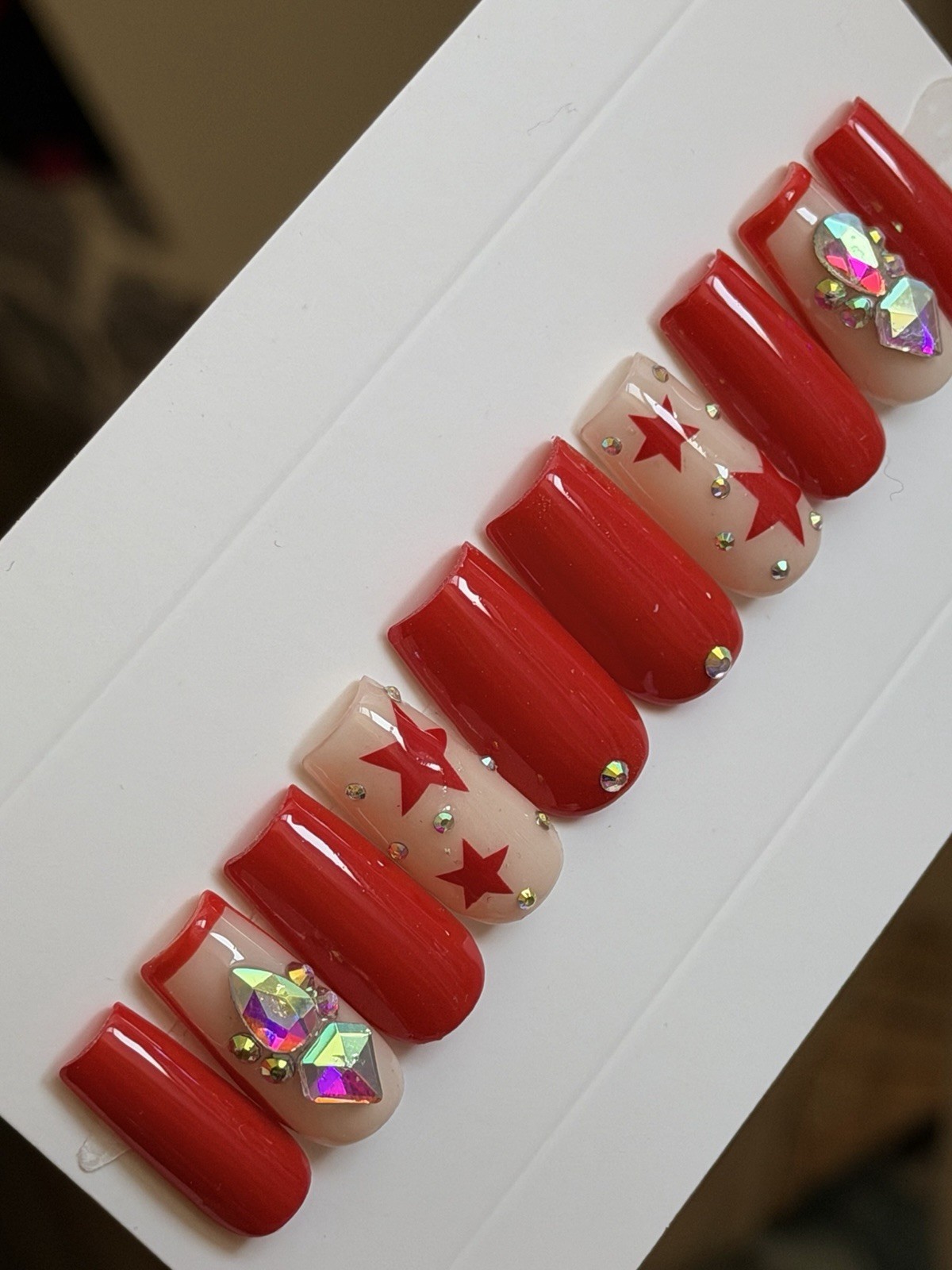 ✨ CUSTOM Press On Nails RED STAR BLING 10p SET W Kit