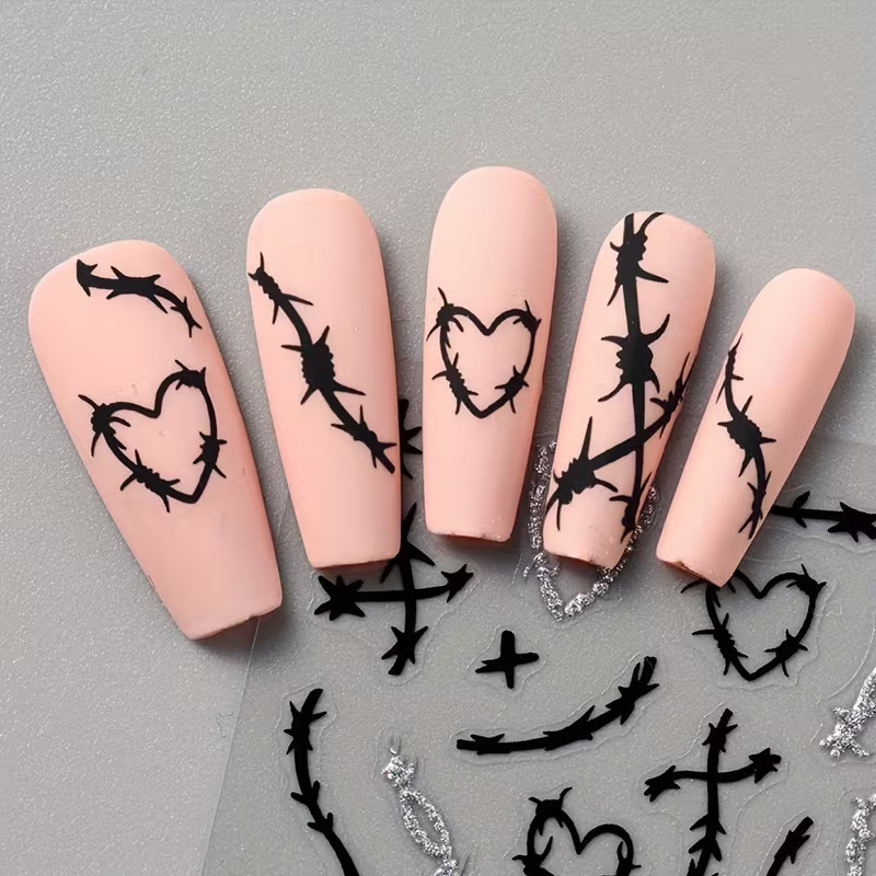 Black Heart & Thorn Nail Art Stickers Gothic Silvery Pattern Self-Adhesive