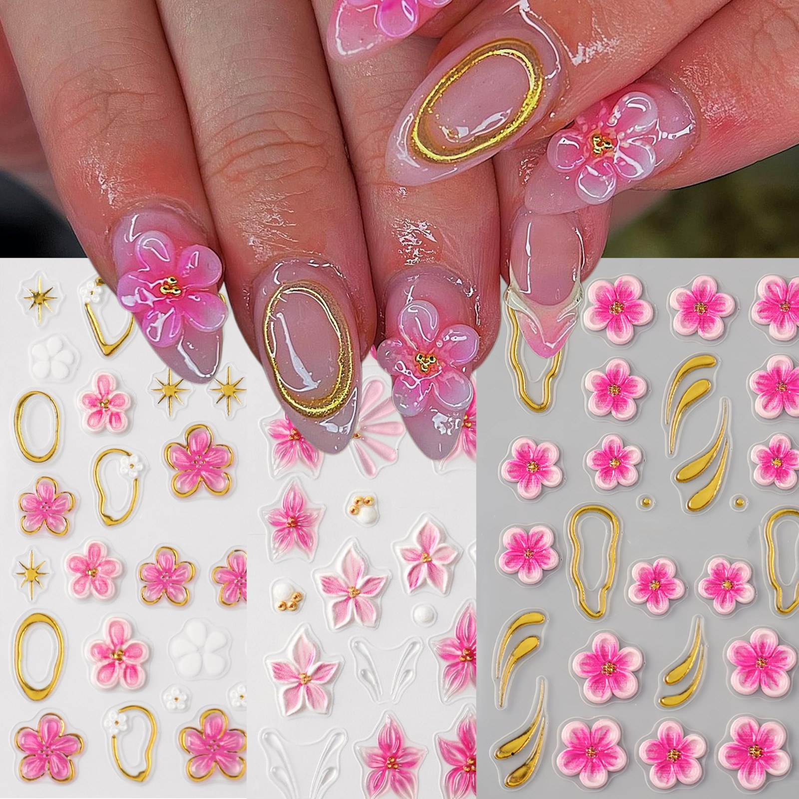 3 Sheets Flower Nail Stickers Decals 5D Embossed Flower Nail Decals Hibiscus …